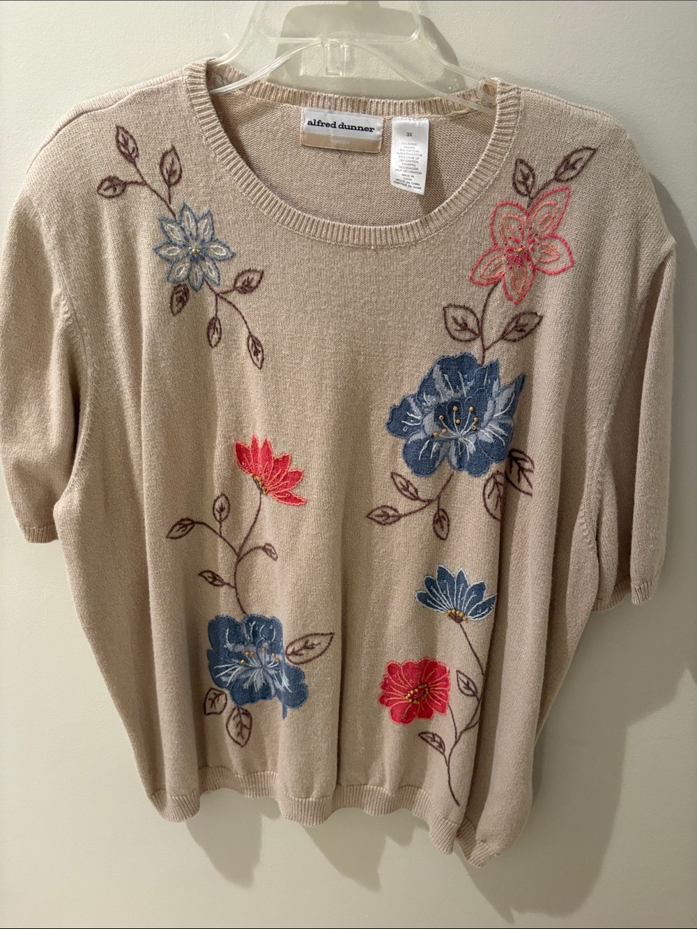 Alfred Dunner Beige Crewneck Sweater with Blue and Red Floral Embroidery